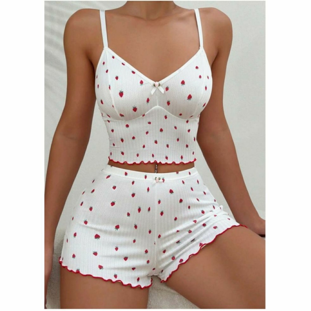 Strawberry Print Lettuce Trim Cami Tank Top Small